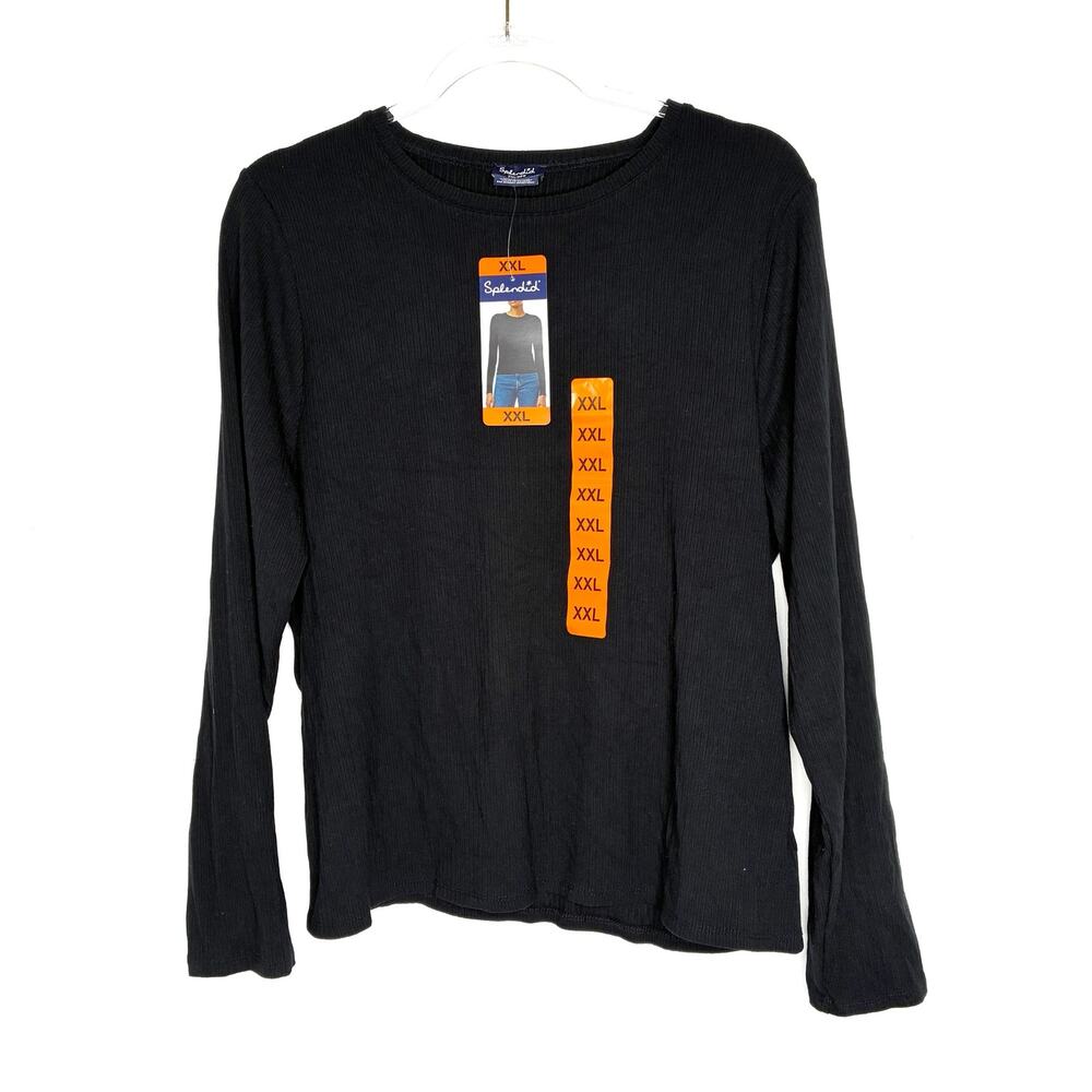 Splendid Black Ribbed Knit Slinky Long Sleeve Tee Shirt NWT Womens XXL